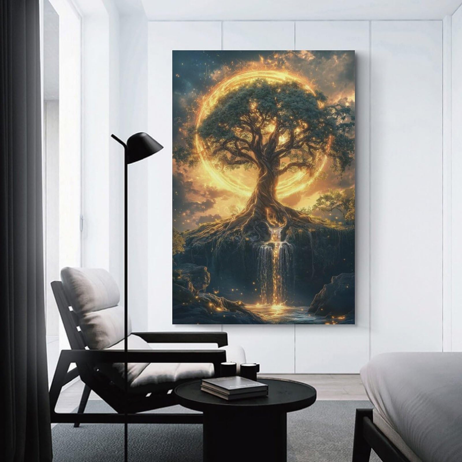 Junmoney Mystical Tree with Golden Aura Canvas Art Print, 24x36inch(60x90cm), for Restful Interiors, Bedrooms Or Small Rooms, A Warm Accent for Relaxed Interiors