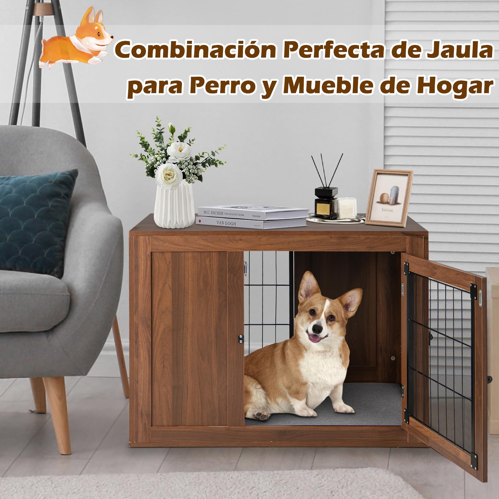 GOPLUS Jaula para Perro 2 en 1 con Cojín Cómodo y Doble Puerta, Casa de Jaula para Perros, Nicho Decorativo de Malla para Perros Pequeños y Medianos 92 x 59 x 66,5 cm, Marrón