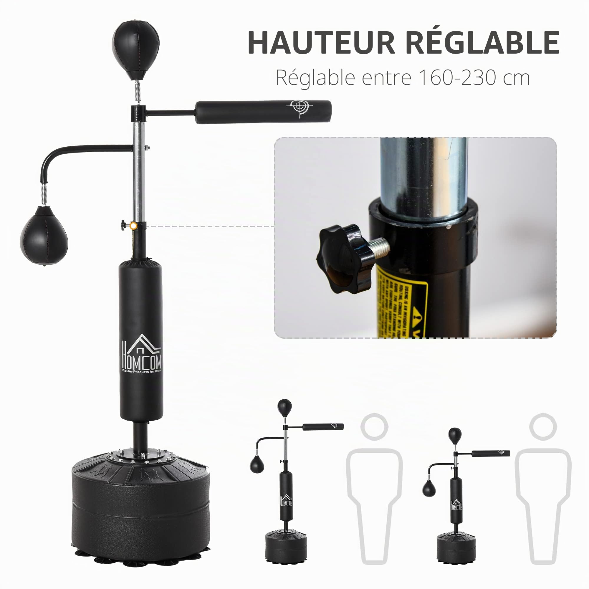 HOMCOM Sac de Frappe sur Pied 4 en 1, Punching Ball Autonome 2 balles de Vitesse Barre rotative 360° Hauteur réglable 160-230 cm, Sac de Boxe pour Adultes