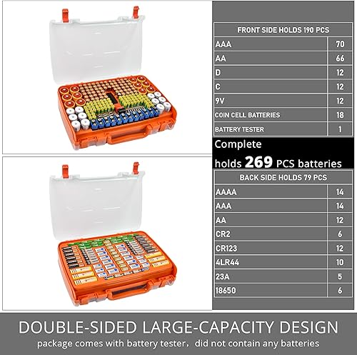 Miniatura 3 de Caja organizadora de baterías con probador, paquete variado de 269 baterías de doble cara, soporta pilas AA AAA 4A C D de 9 V y 3 V de litio LR44