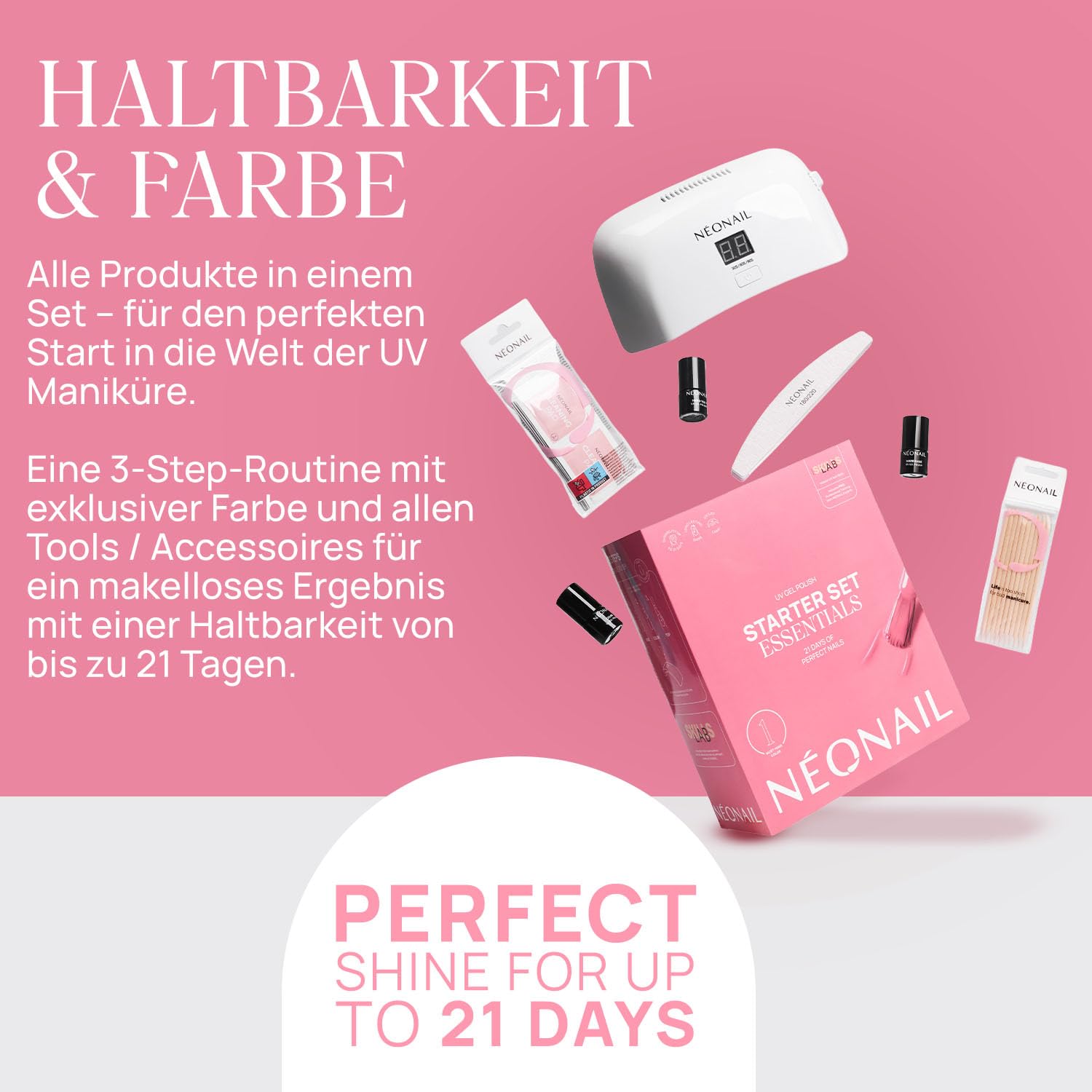 NÉONAIL Essentials Starter Set - LED UV Lampe 10W/36 - UV Nagellack - Maniküre Set - Top - Starterset mit Lampe - Sets - Nagellack Set - Farben - Base - Manicure - Nagelset
