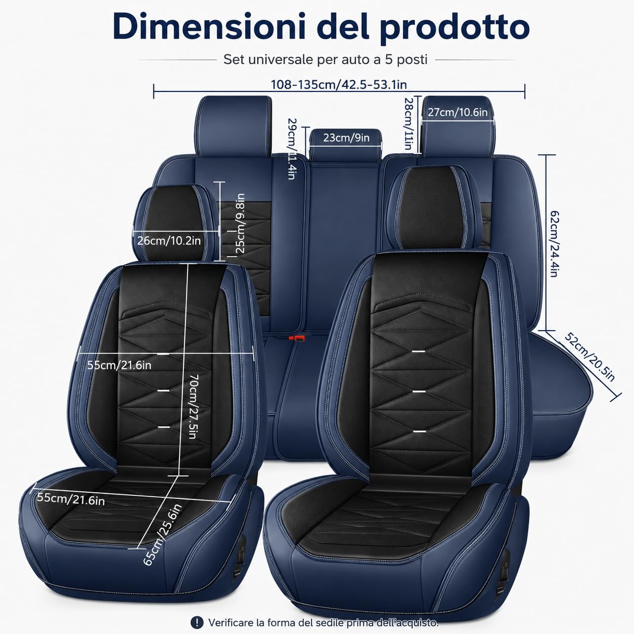 Coprisedili Auto Universali 5 Posti, Set Completo in Pelle Sintetica Effetto Nappa, Coprisedili Anteriori e Posteriori Traforati, Compatibili con Airbag, per Auto SUV
