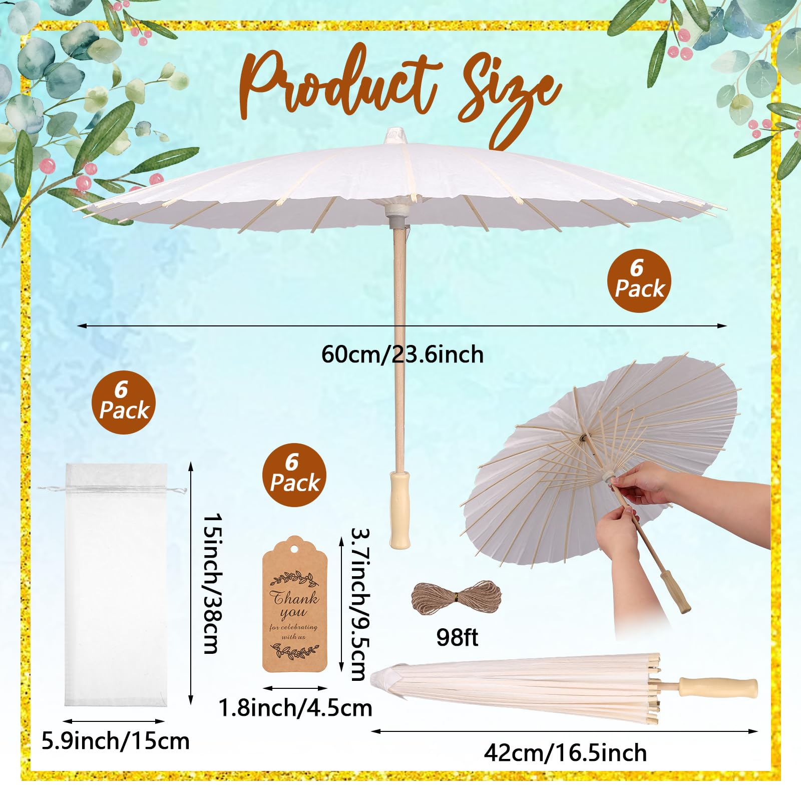 Kklolai 60cm Wedding Paper Parasol Umbrellas Set Thank You Cards White Drawstring Bag Favors Chinese Japanese Umbrella DIY Oiled Paper Painting Parasol for Photography Props Bridal Decor