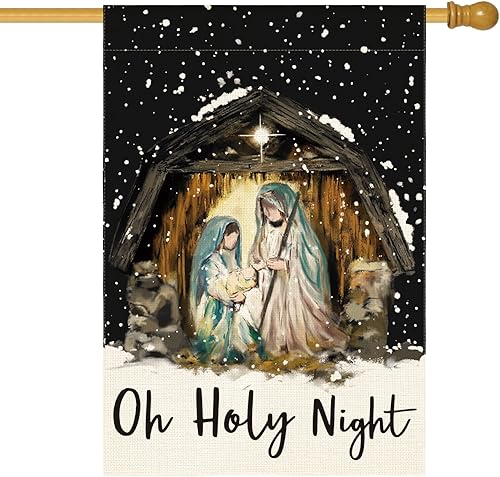 AVOIN colorlife Bandera de la casa de la Natividad de Jesús de la Noche Santa de 28 x 40 pulgadas, bandera decorativa de Navidad de invierno para