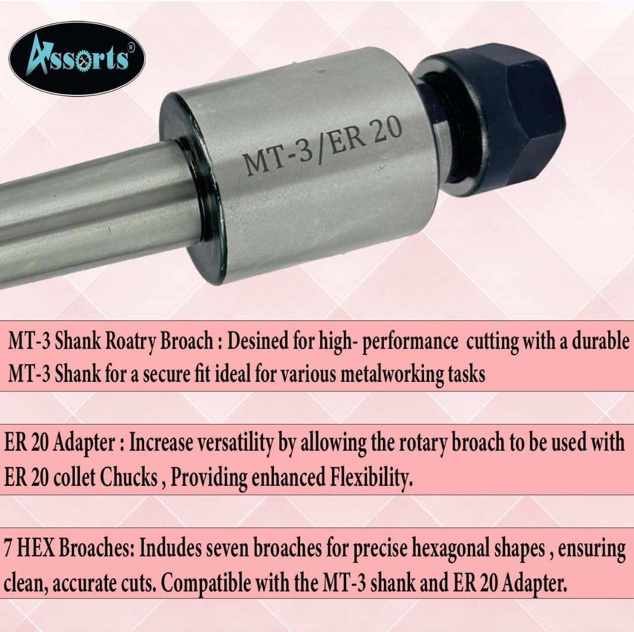 Assorts MT3 Shank Rotary Broach Kit with ER-20 Adapter & 7-Piece Hex Broach Set – Premium Precision Tools for CNC and Milling Operation Imperial
