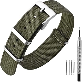 ANNEFIT Nylon Watch Band 0.9 inches 22 mm, One-Piece Waterproof Military Watch Straps with Heavy Silver Buckle Army Green