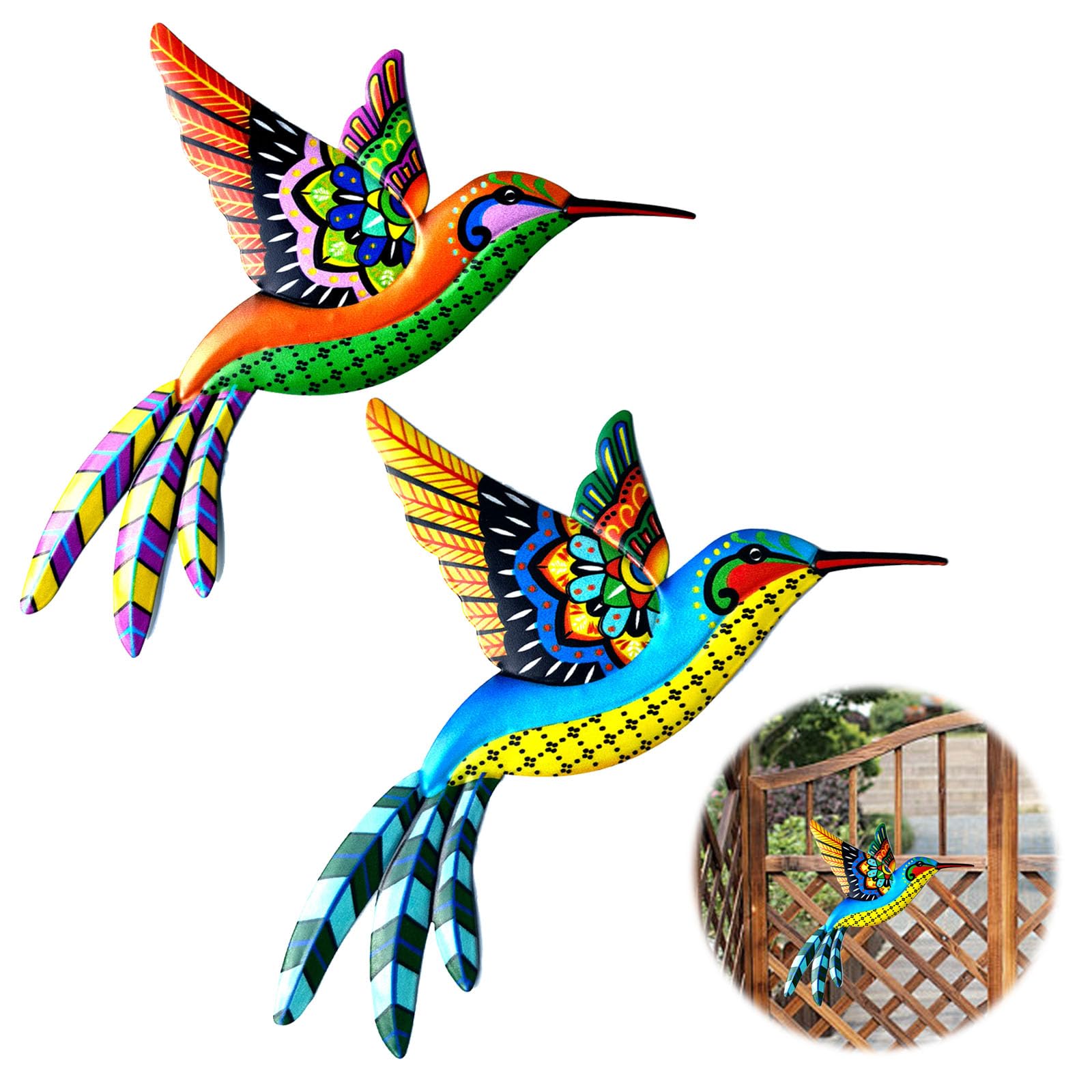 DERJDISF Adorno Pared Jardin – Paquete de 2 Pájaros Decorativos, Esculturas de Pared de Metal con Diseño de Colibríes Coloridos, Decoración en Hogar y Jardín