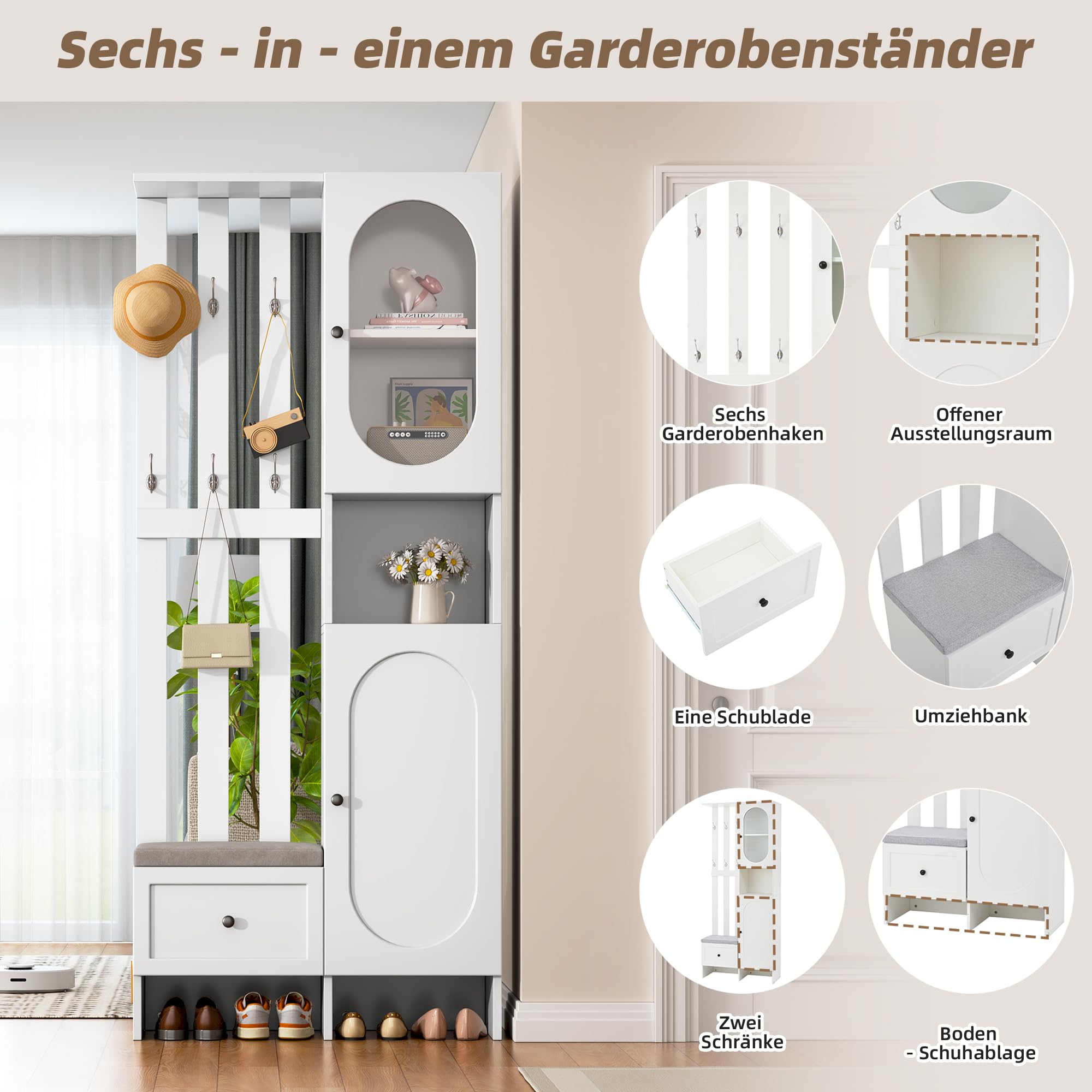 Merax Garderobenset Wandgarderobe, Kompaktgarderobe, Modern Flurgarderoben Set mit Schuhbank, Vitrine, Wandpaneelen, Kleiderhaken, Stylishe Garderobenständer für Flur Eingangsbereich, Flurmöbel, Weiß