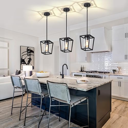 Miniatura 3 de Luces colgantes negras para isla de cocina, paquete de 2 unidades, iluminación colgante de granja sobre la isla, farol de metal para cocina,