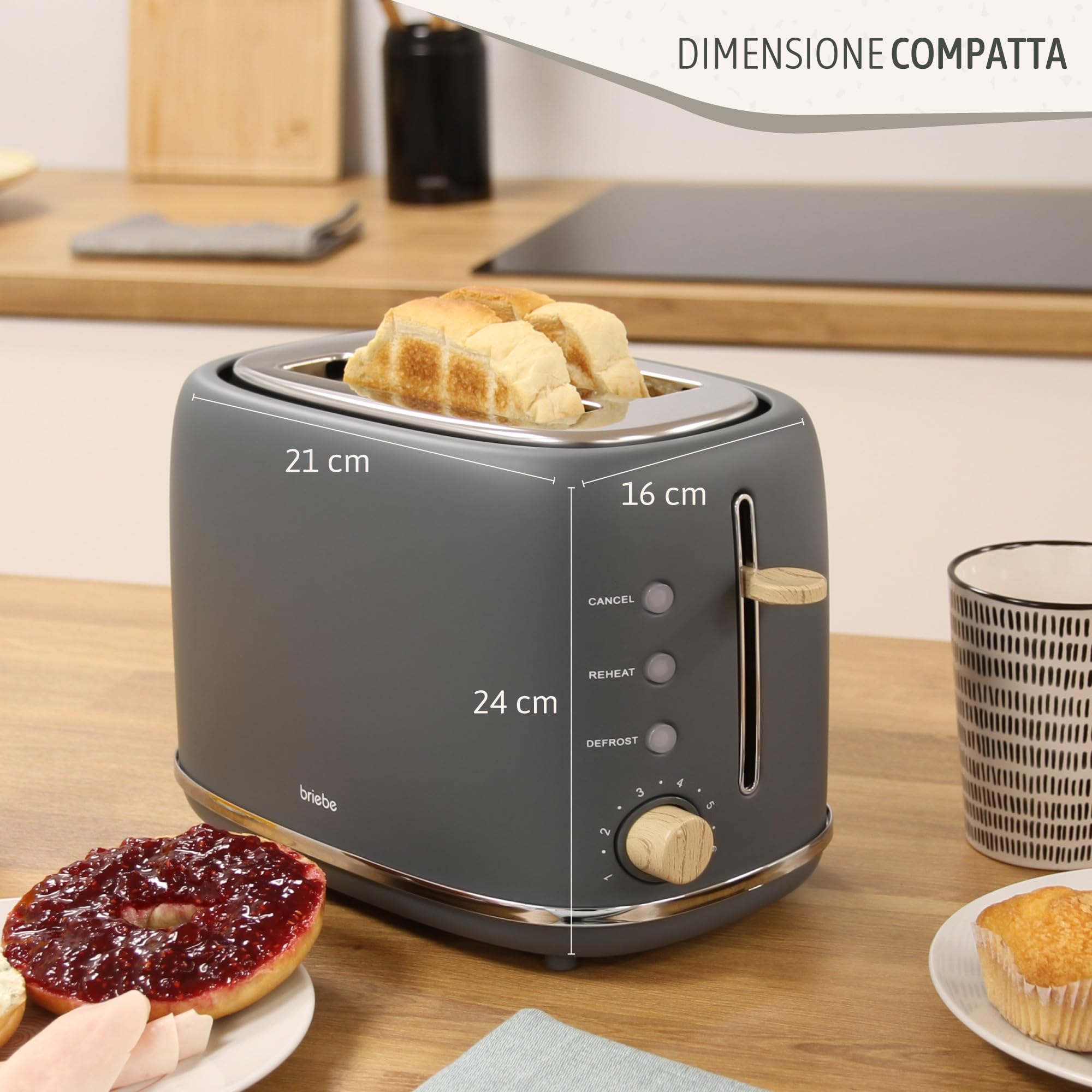 briebe Nordic Tostapane a Fessura Larga a 2 Fette, 6 Livelli di Tostatura, Pinze + Bollitore Elettrico 1,7L Cordless, Ebollizione Rapida 2200 W, senza BPA, Set Colazione Design Nordique, Grigio