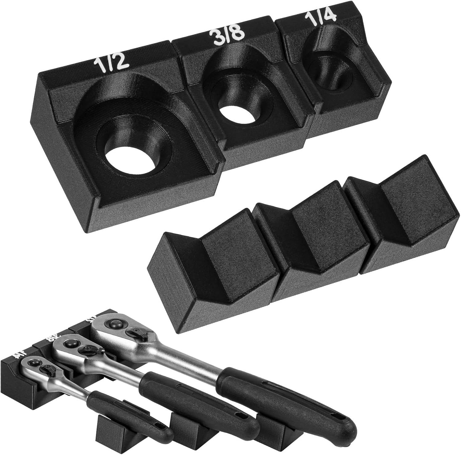 Ratchet Organizer Kit – 3-Pack Magnetic Ratchet Holder Set (1/4", 3/8", 1/2") | Ratchet Organizer for Tool Box Drawer | Modular Toolbox Widget for Garage & Workshop (Black)