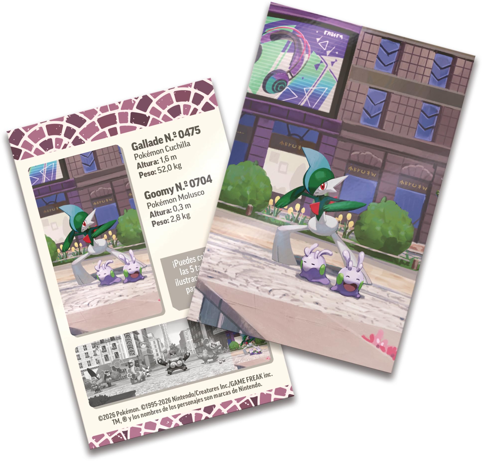 Pokémon: Minilata Ciudad Luminalia: Gallade y Goomy de JCC Pokémon (2 Sobres de Mejora, 1 Tarjeta ilustrada y 1 Pegatina)