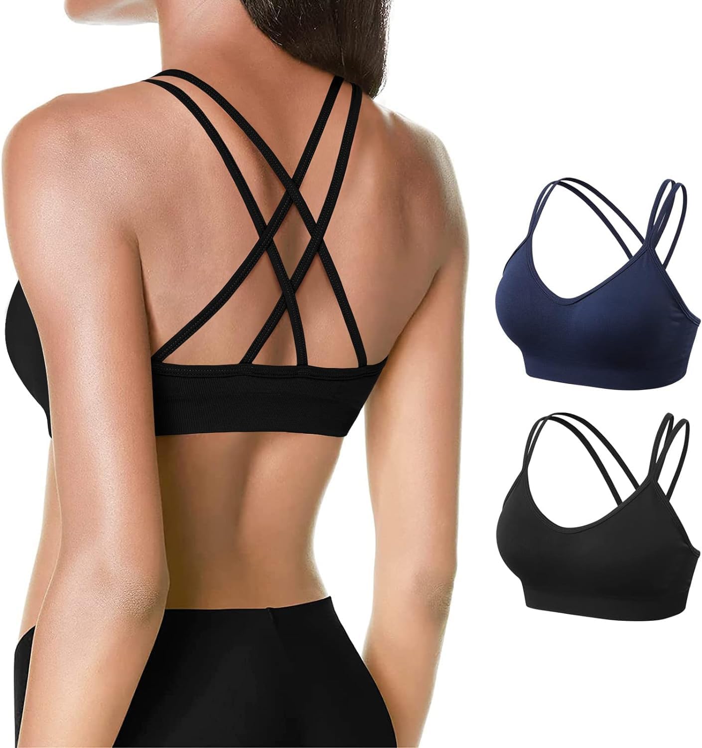 VEQKING Women's Cross Back Sports Bra Padded Strappy Medium Support Yoga Bra for Workout Fitness 3 Pack