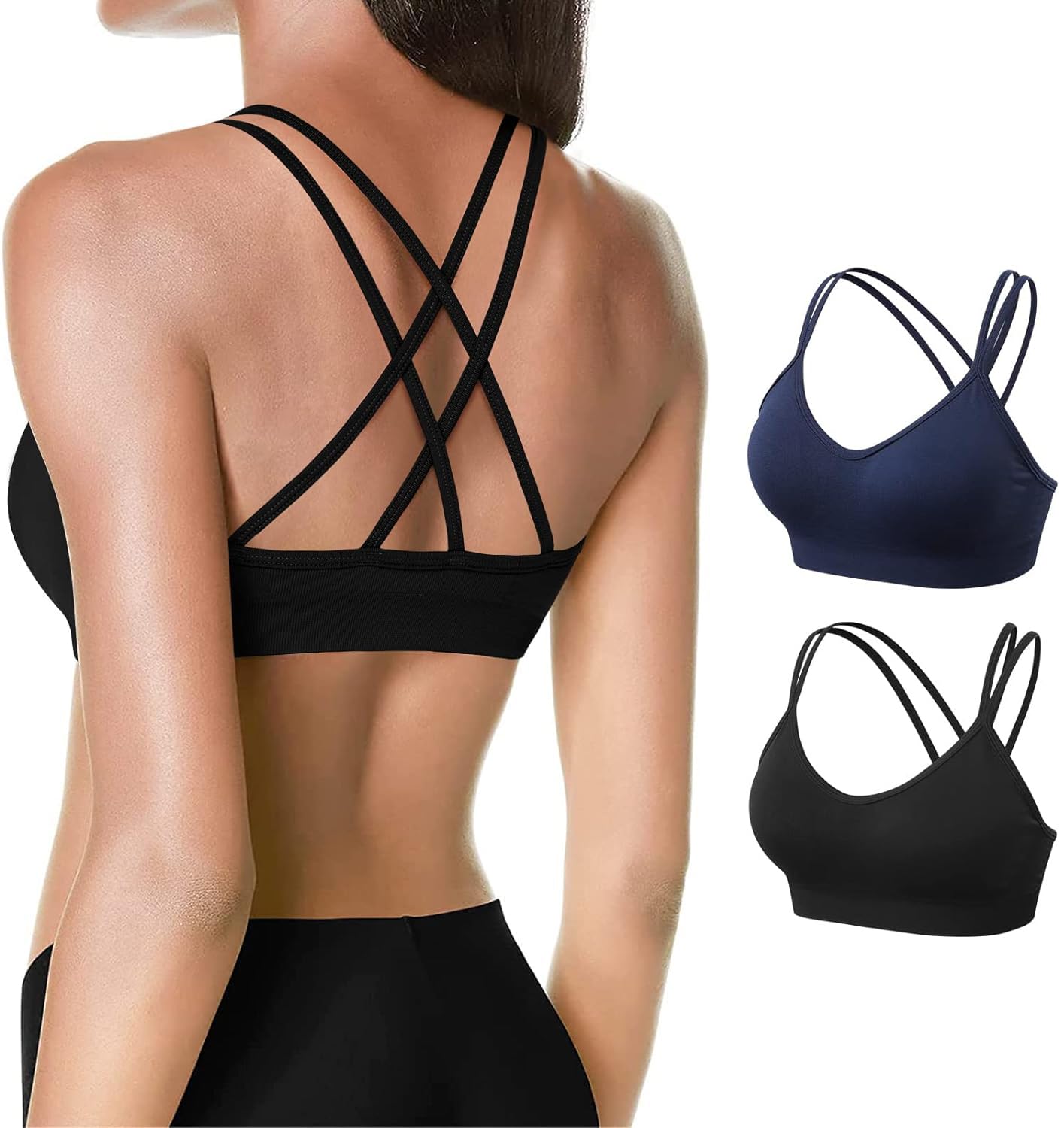 VEQKING Women's Cross Back Sports Bra Padded Strappy Medium Support Yoga Bra for Workout Fitness 3 Pack