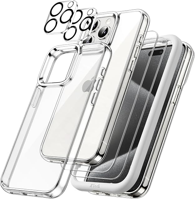 JETech Etui 5 w 1 do iPhone 15 Pro 6,1 Cala z 2 Sztuki Każdy Ochraniacz Ekranu ze Szkło Hartowane i Osłona Obiektywu Aparatu, Nieżółknącą Odporny na Wstrząsy Osłoną (Przezroczyste)