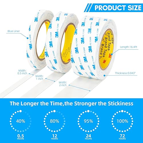 Miniatura 3 de Cinta de doble cara 3M de 1 pulgada x 16.4 pies, cinta de montaje de espuma de polietileno resistente, tiras de cinta de espuma para colgar fotos,