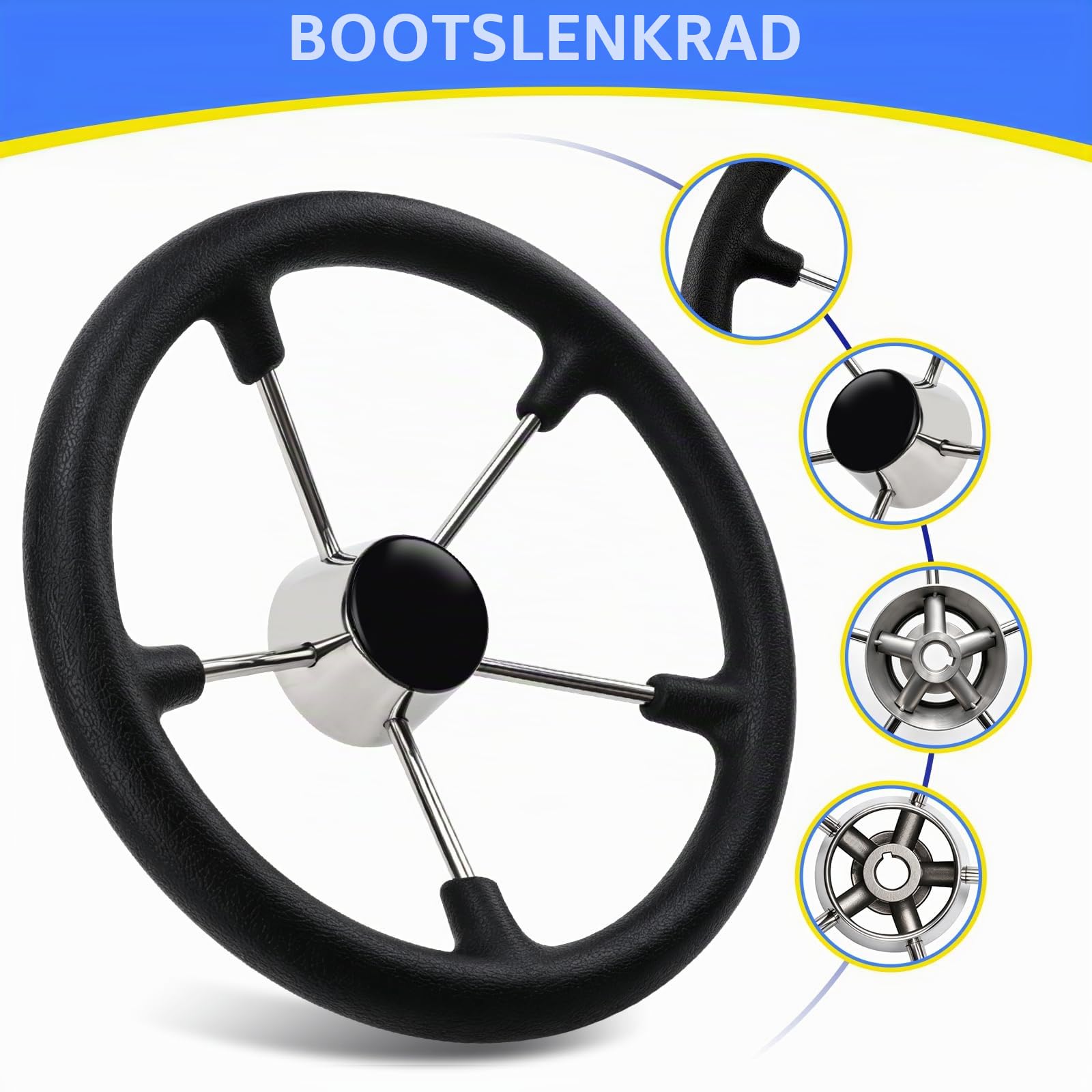 Geloo Boots-Lenkräder aus Edelstahl mit schwarzem PU-Schaum, 5 Speichen, 34,8 cm, rutschfest und schweißabweisend (schwarz)