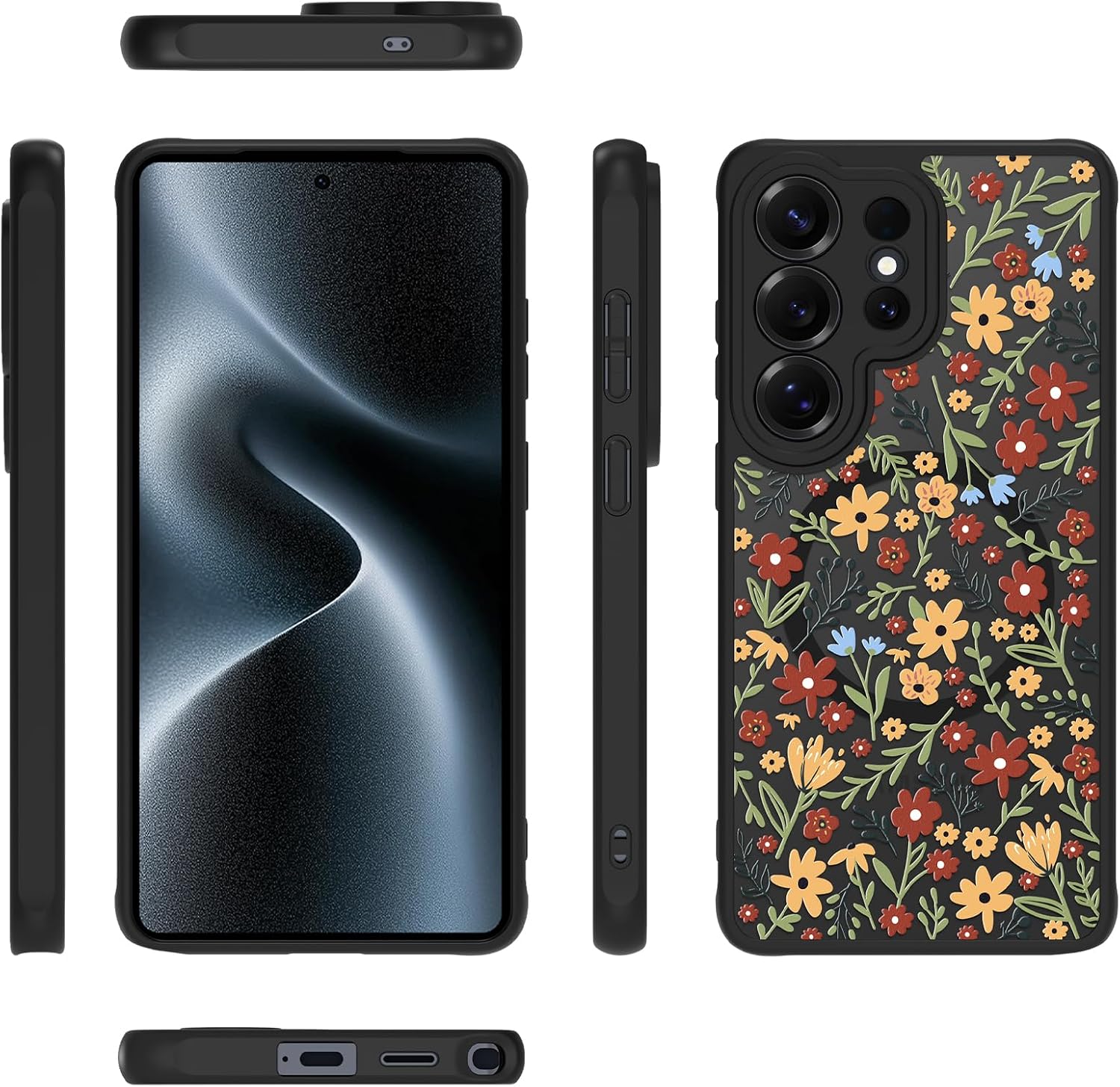 MZELQ Magnetic Case for Samsung Galaxy S26 Ultra, Red Orange Floral Flower [Compatible with Magsafe Charging] Translucent Matte Hard Shockproof Camera Protection Cover for Women Men, Frosted Black