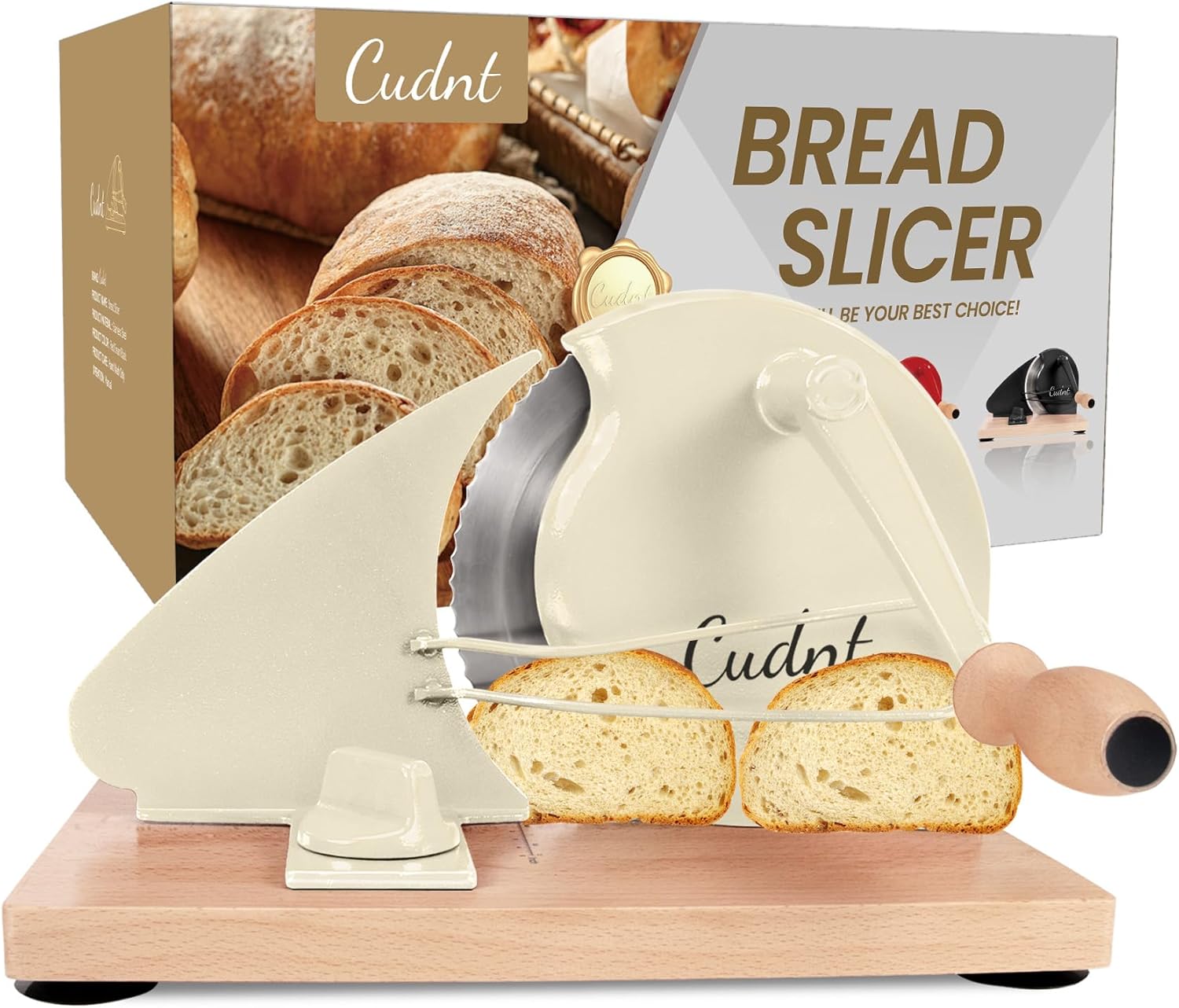 Manual Bread Slicer for Homemade Sourdough Bread, Add Metal Rails, Hand Crank Bread Slicer Machine with Scale Line and Suction Cup, Stainless Steel Blade Bread Cutter Adjustable Thickness (Cream)