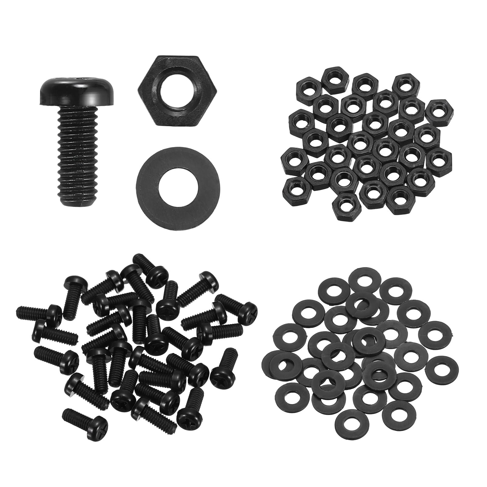 sourcing map 30 Set M4x10mm Nylon PA66 Plastic Cross Round Head Screw Phillips Bolts Hex Nuts Flat Washers Assortment Kit, Metric Full Thread Bolt Fasteners for DIY Machine Assembly, Black โ image 1