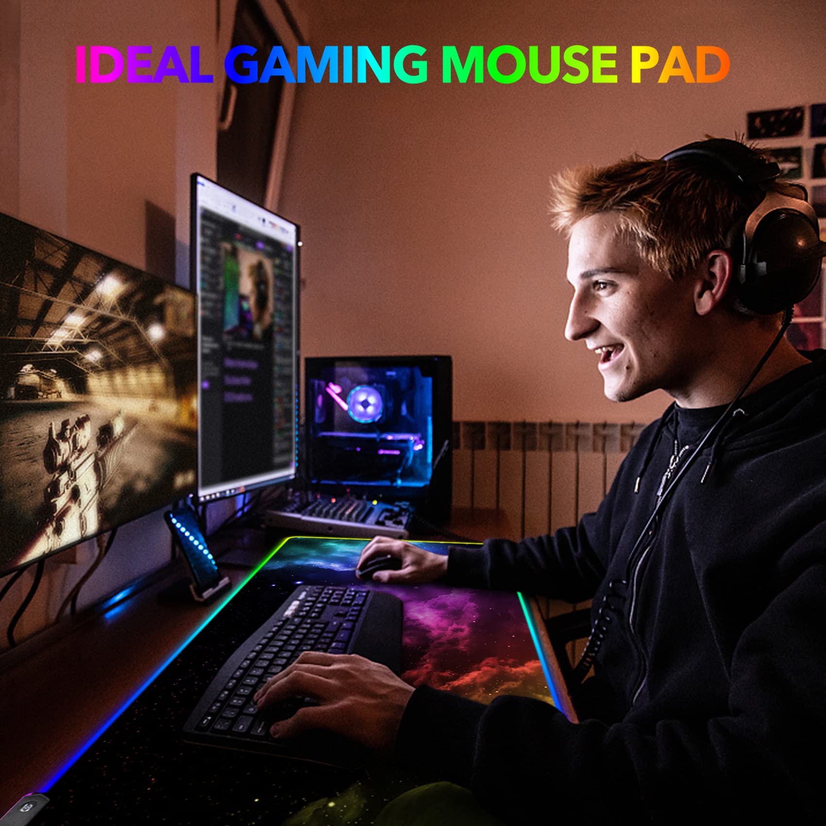 AIMSA Grande tappetino per mouse da gioco RGB, tappetino per mouse con tastiera LED esteso 89,9 x 40,1 cm, base in gomma antiscivolo con 14 modalità di illuminazione, grande tappetino da scrivania
