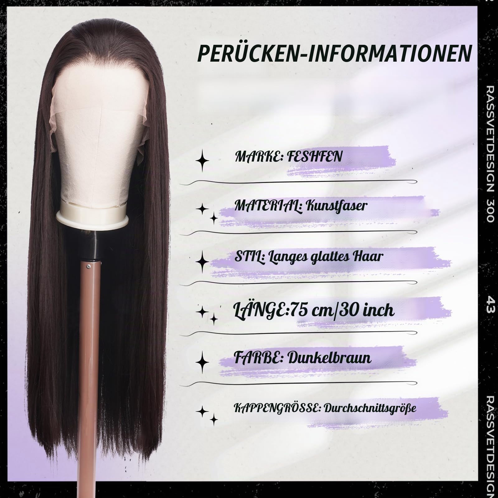 FESHFEN Lace Front Perücke Dunkelbraun - Lange Glatt Perücken für Damen Natürliche Synthetik Haar Wigs Gerade Spitzenfront Haarperücke für Tägliche Karneval, 75 cm