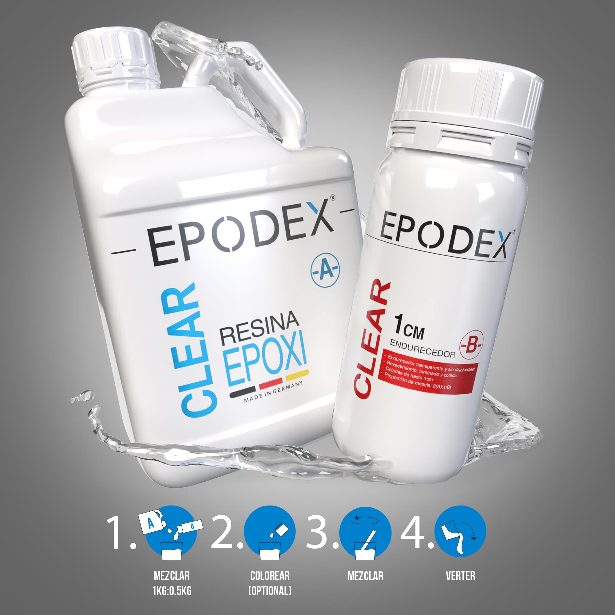 Kit Resina Epoxi ECO EPODEX – Resina Epoxi Transparente, Para vertidos hasta 1cm – Recubrimientos, laminados, moldes, manualidades, reparaciones, arte y bricolaje, INCOLORO - Transparente - 3kg