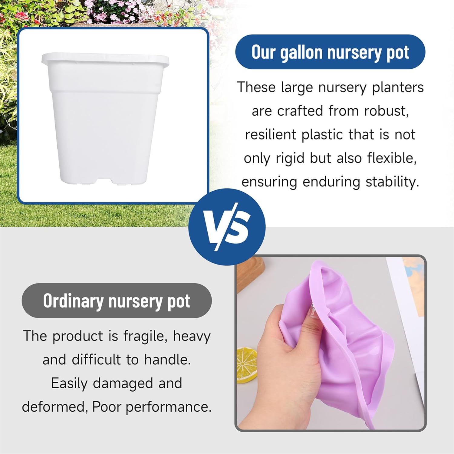 WFLNHB 10 Gallon 5 Pcs Square Plastic Plant Pots Flexible Nursery Pot Planter Nursery Pots Suitable for Flower Vegetables Succulents White