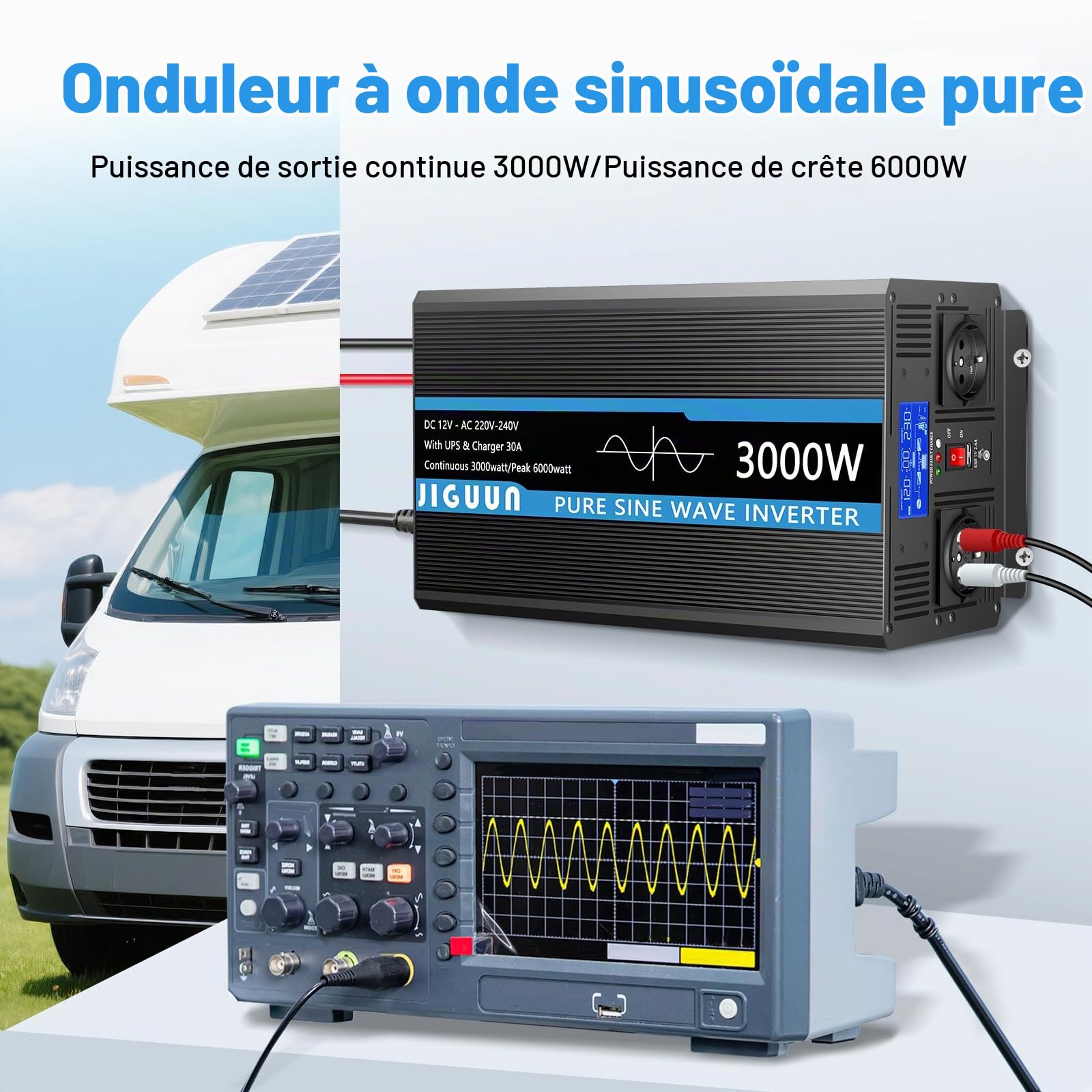 JIGUUN 3000W Convertisseur 12V 220V Pur Sinus | Chargeur 30A et Fonction priorité Secteur et ASI，2 Prises EU，Commande sans Fil et Affichage LCD Puissance de crête 6000W