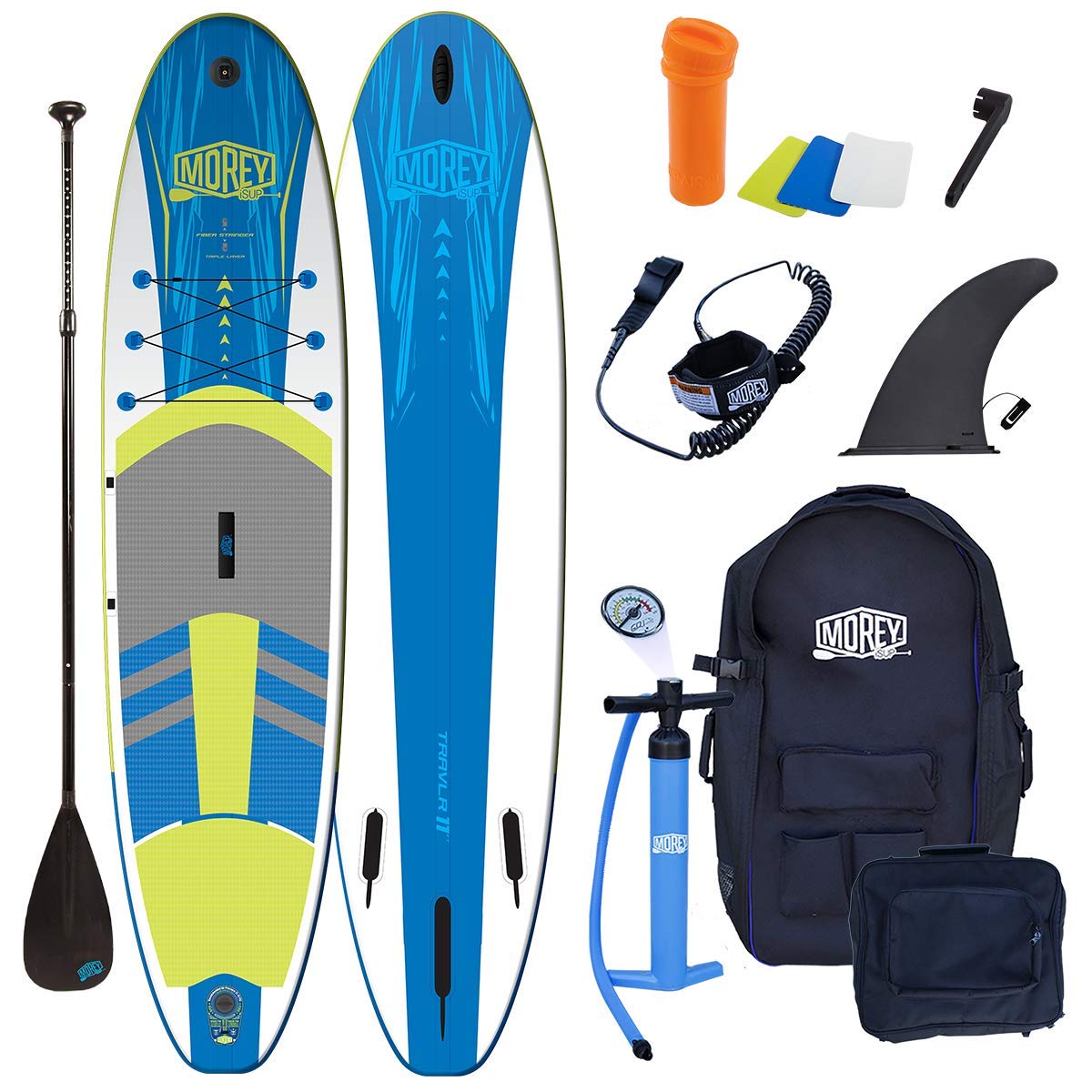 Morey 11 Foot - TRAVLR Inflatable Stand Up Paddle Board Triple Layer Stringer Durable Backpack, high Pressure Hand Pump with Gauge, Coil Leash, Built-in Camera Mounting System