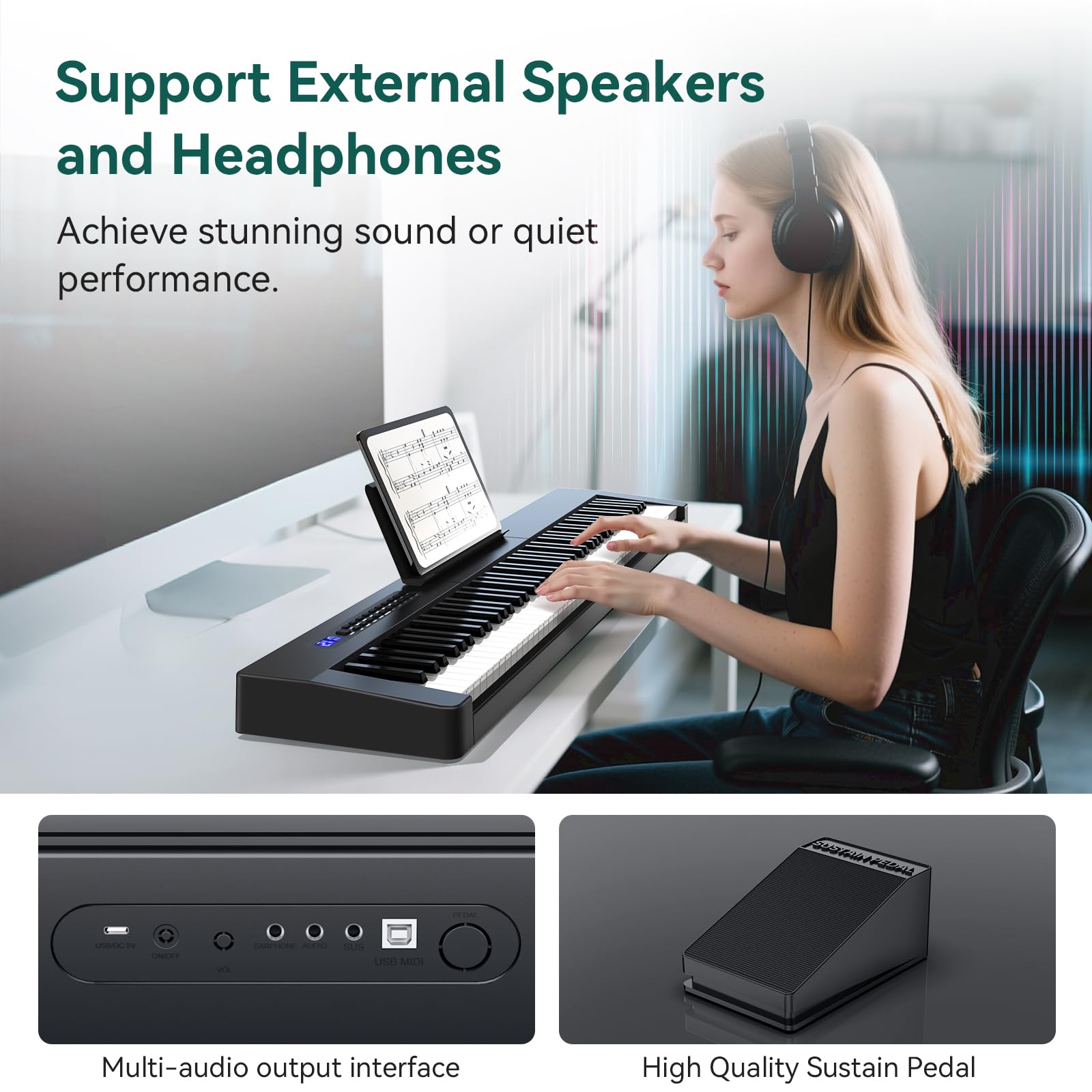 Rosen P21 Tastiera Semi-Pesata 88 Tasti Pianoforte Digitale per Principianti, Pianoforte Elettrico Portatile con Pedale di Sostegno e Alimentazione, Bianco