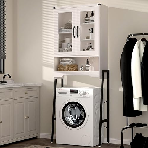 Miniatura 6 de Armario de almacenamiento sobre el inodoro con puertas de vidrio templado y soporte de metal, organizador sobre inodoro con estante ajustable que