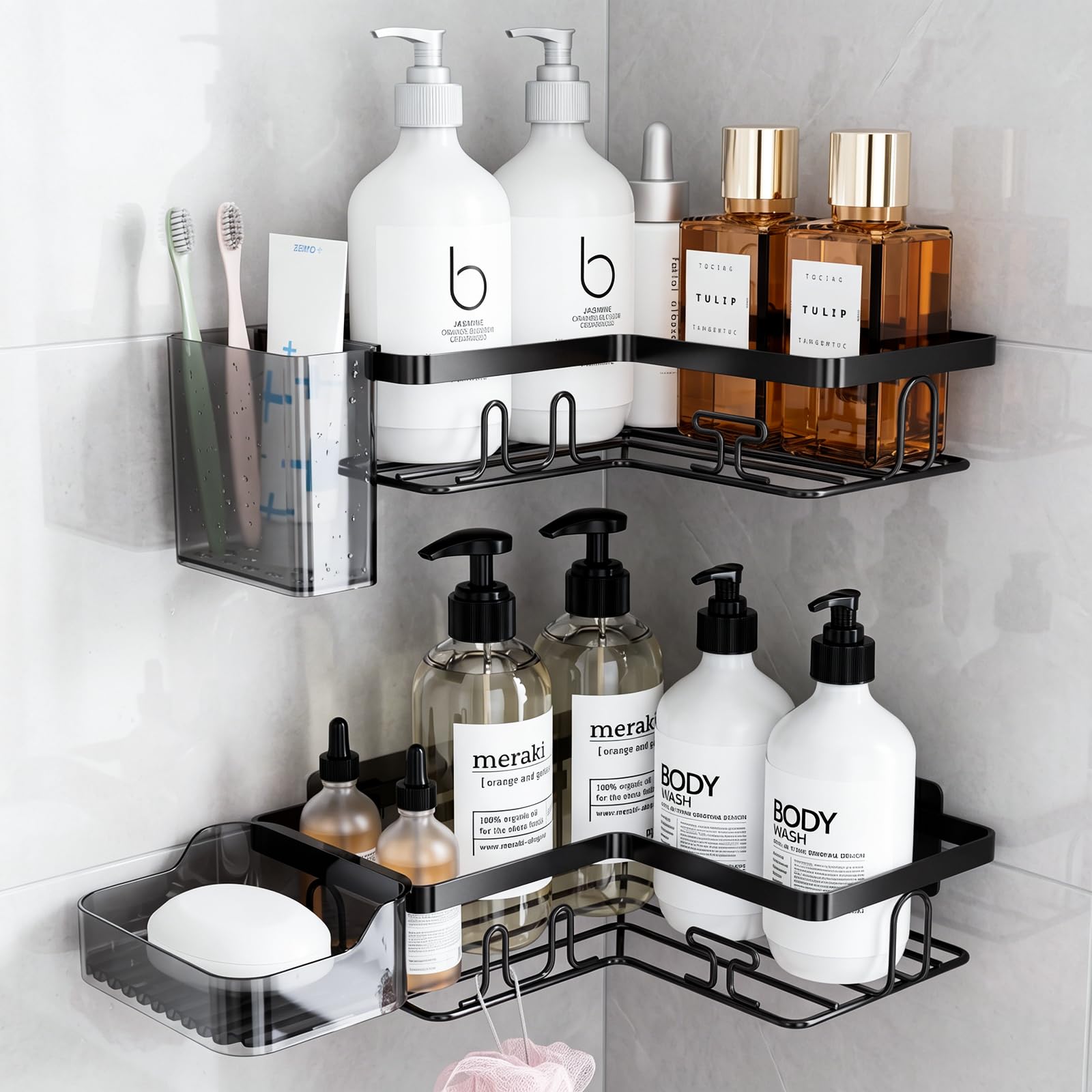 YEAUPE PRO Corner Shower Caddy No Drill, 4 Piece Bathroom Storage Set with 2 Corner Shower Shelves, Toothbrush Holder & Soap Dish, Extra Large 60 × 140 mm Adhesive, Rustproof Metal, Black