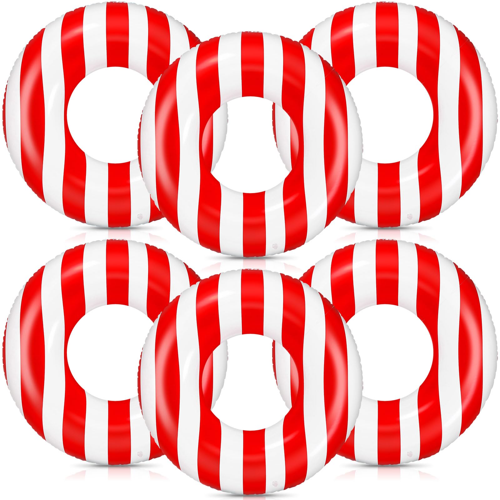 Skylety 6 Pcs Red and White Striped Inflatable Pool Floats, 24" Carnival Swim Tubes for Circus Theme Birthday Party Decorations, Summer Beach Water Supplies