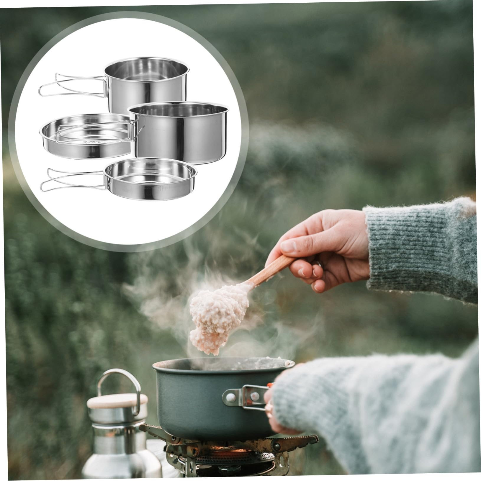 iplusmile Ensemble de Casseroles et Poêles de Camping 4 Pièces en Acier Inoxydable 304 Poignée Pliable, Kit la Cuisine D'extérieur Léger et Portable pour Randonnée, Camping et Trekking