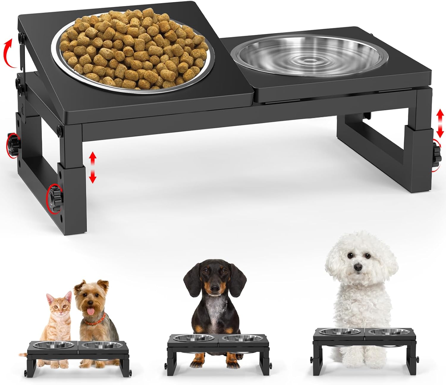 Dog Bowls Elevated, 4 Height (9.6" to15) & Angle (0-20°) Adjustable Raised Dog Bowl Stand, Elevated Dogs Bowl for Medium to Large Sized, Bamboo Feeding Station with 2X 10cups Stainless Steel Dishes