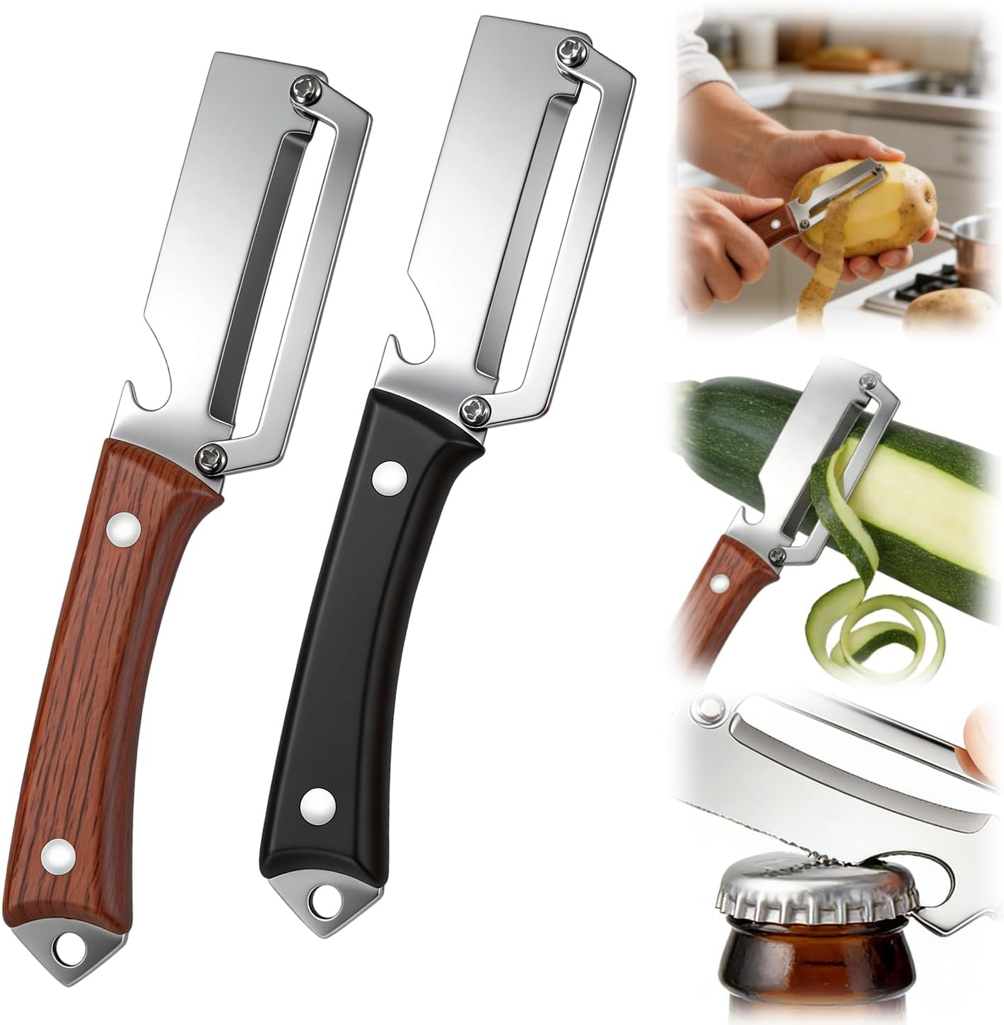2Pcs Premium Vegetable Peeler with Wooden Handle and Bottle Opener, 3 in 1 Multifunctional Stainless Steel Blade Kitchen Tool for Potato Fruit Pineapple Pumpkin Papaya Carrot Veggie Peeler (Mix)