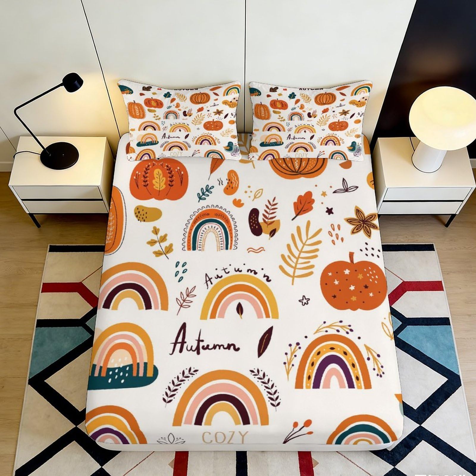 Uxinyoume Style-8 3D Printed Autumn Pumpkin Fitted Sheet Microfiber Rainbow Leaves Mattress Cover For Bedroom Guest Room Decor 90X200x25cm