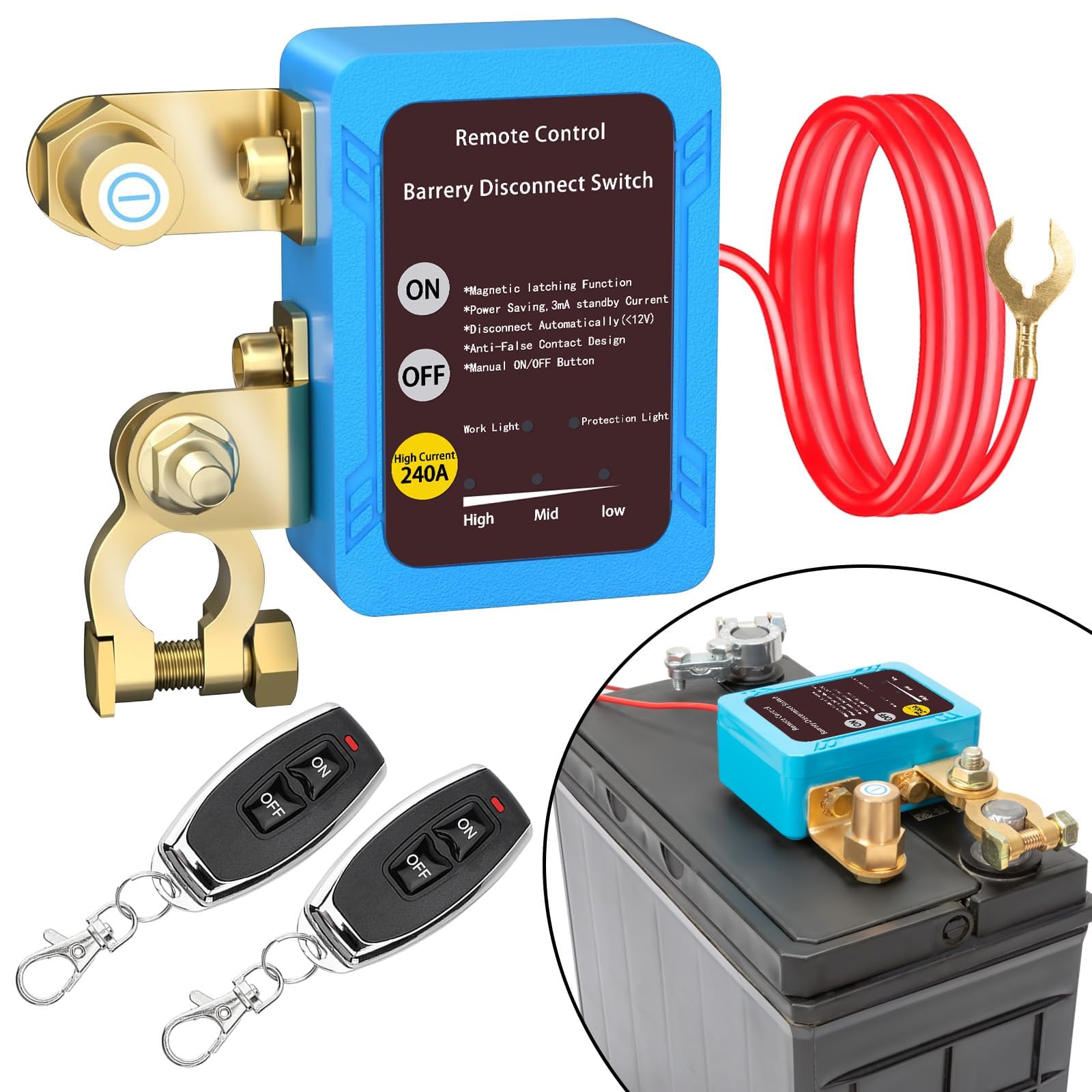 Disjoncteur de batterie 12 V avec télécommande, disjoncteur de batterie 12 V 240 A avec 2 télécommandes Kill Switch anti-vol pour moto, voiture, camping-car, bateau, yacht, caravane (bleu)