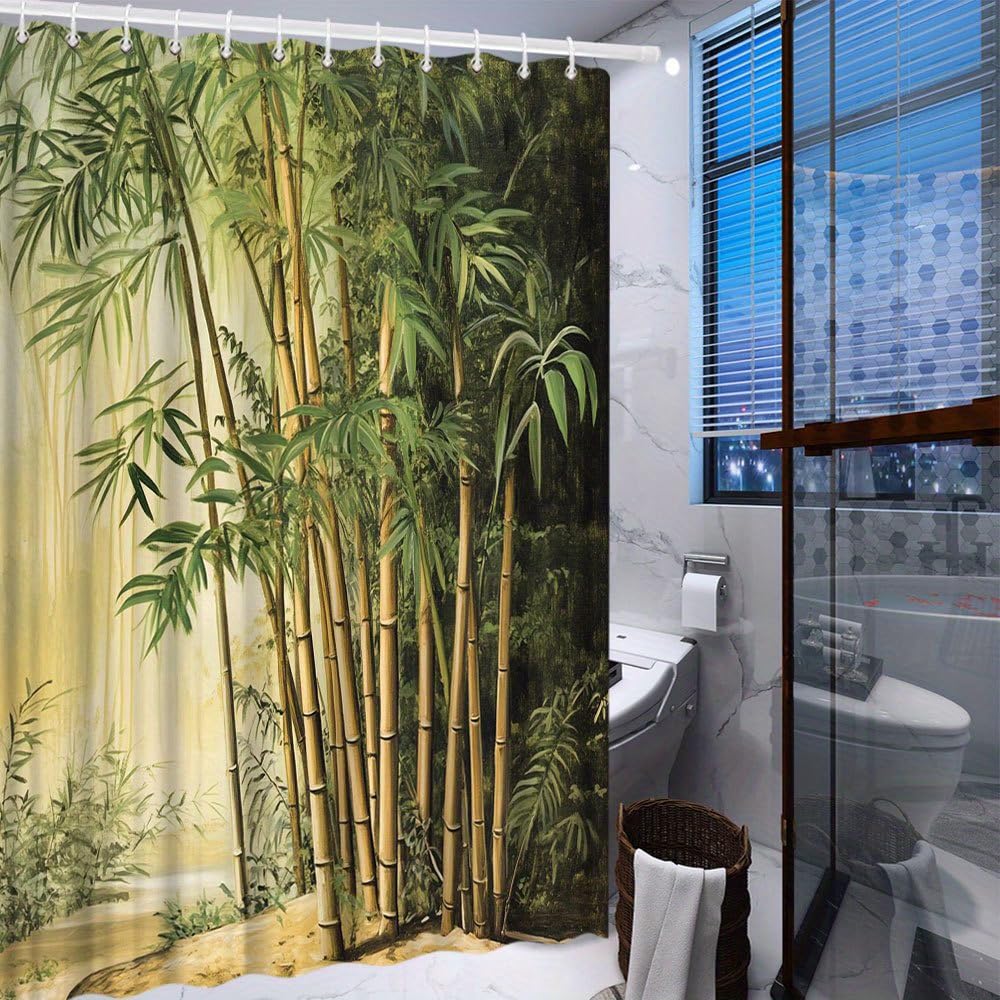Cortina de Ducha con diseño de Bosque de bambú, Ambiente Tropical Sereno con Tallos Altos de bambú y luz Tenue. Incluye 12 Ganchos (180 x 300 cm / 71 x 118 Pulgadas (Ancho x Alto)).