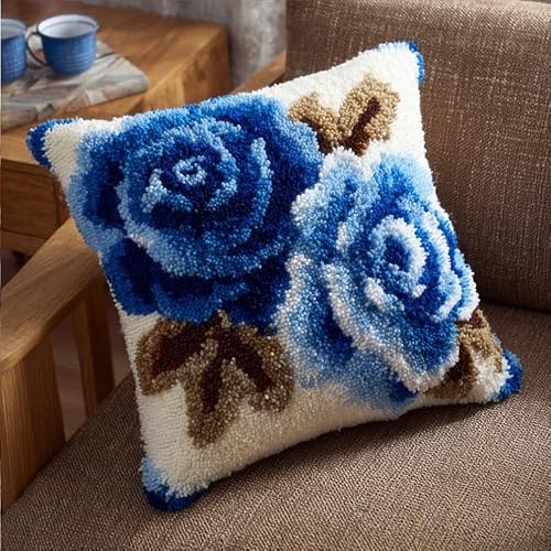 WallustrioaW Latch Hook Pillow Kit -Blue Rose 43X43Cm Embroidery Art Craft Kit All Ages Unisex