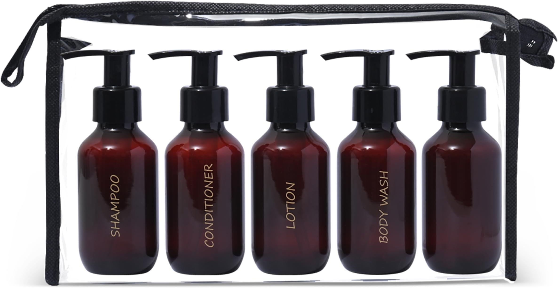 3 oz Amber Travel Pump Plastic Bottles Set of 5 Refillable Toiletry Containers with Gold Printed Labels – TSA Approved