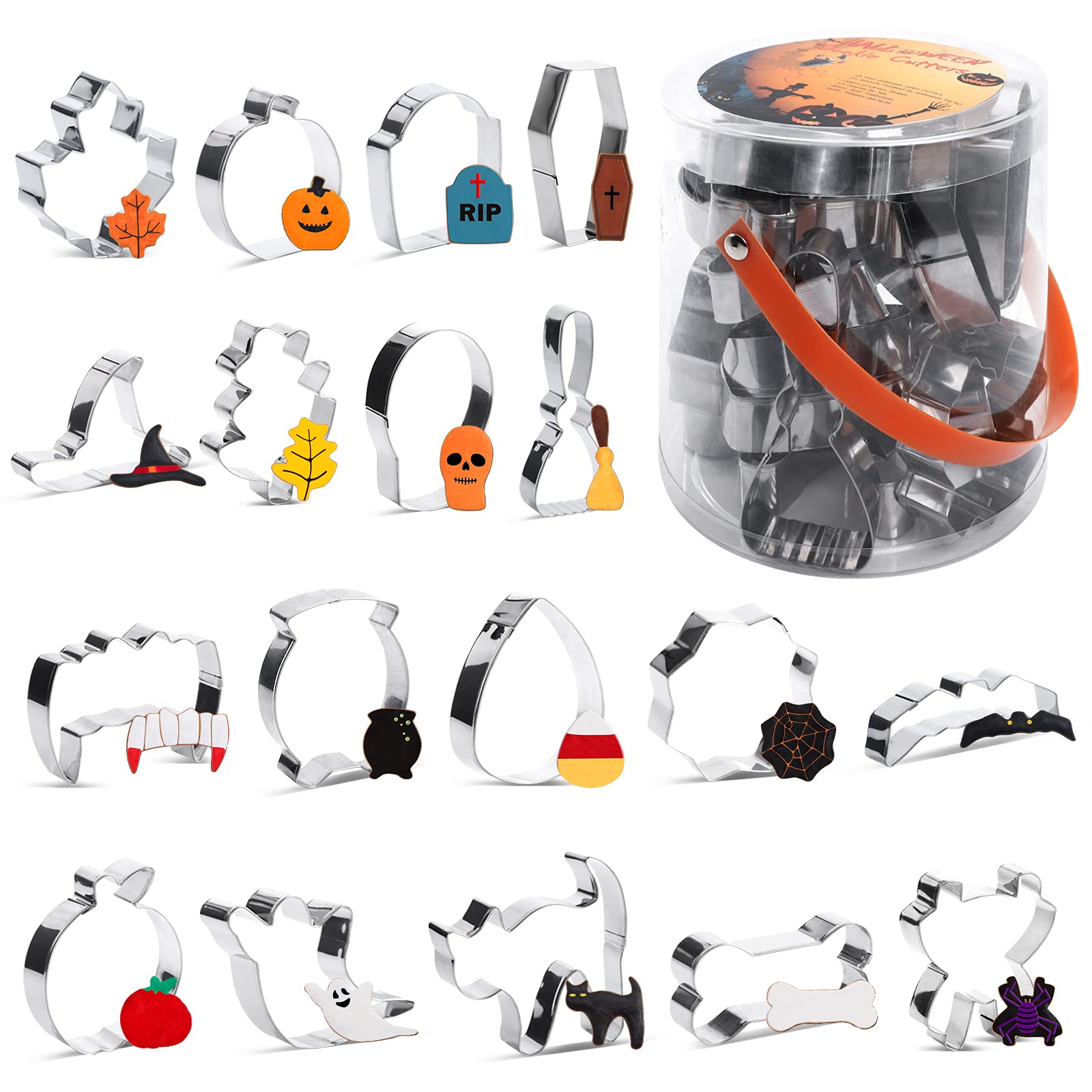 Cookie cutter set includes Ghost, Skull, Vampire Teeth, Witch hat, Coffin, Tombstone, Cat, Spider, Bat and so on, BPA free