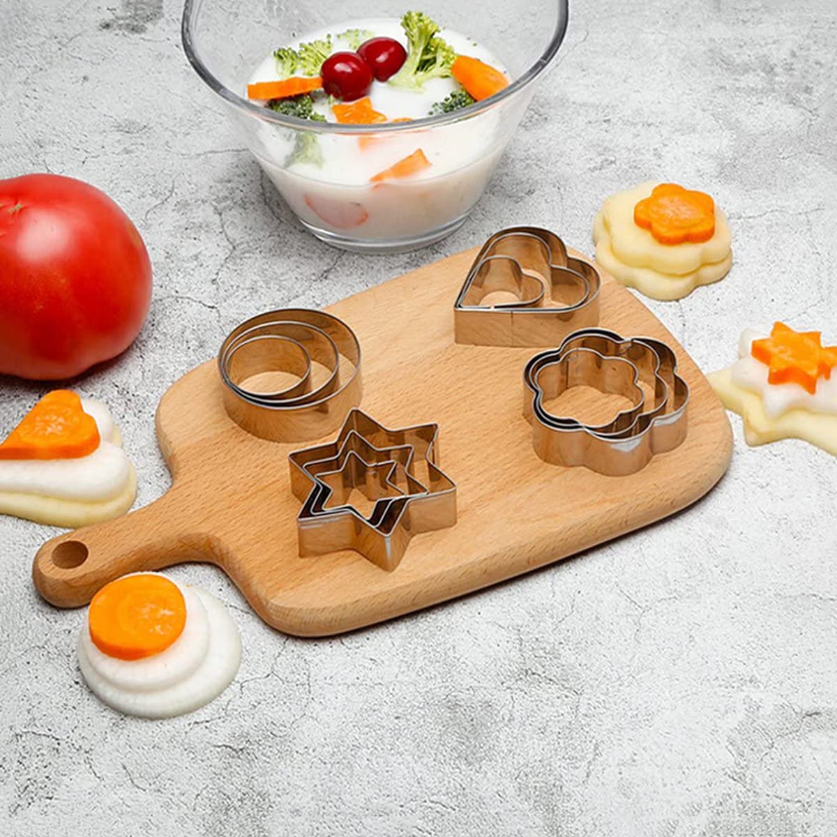 Juego de 12 moldes de acero inoxidable, forma de estrella, forma de corazón redondo, para galletas, para postres, cocina, Halloween, Navidad, San Valentín