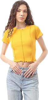 ريفين توب عصري سهل الارتداء باكمام قصيرة للنساء بلون اصفر مسطردة