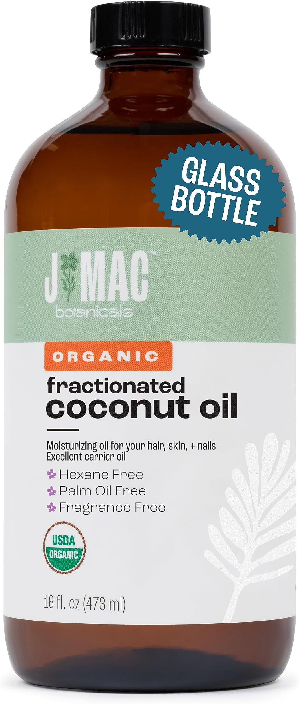 Organic Fractionated Coconut Oil (16 Ounce Glass Bottle) Organic Carrier Oil and for DIluting Essential Oils, Moisturizer, Hair Care