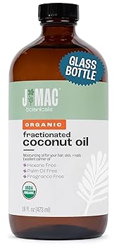 J MAC BOTANICALS Organic Fractionated Coconut Oil (16 Ounce Glass Bottle) Organic Carrier Oil and for DIluting Essential Oils, Moisturizer, Hair Care