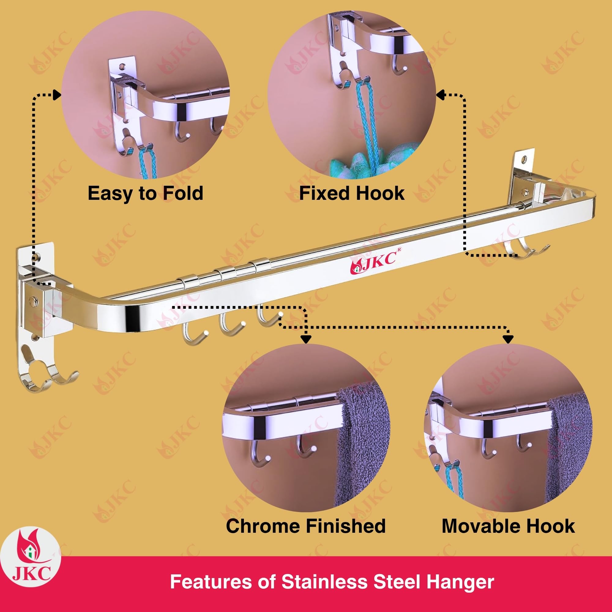 JKC SS Glossy 24 inch Folding Towel Hanger, Bathroom Hangers for Clothes, Bathroom Towel Hanger for Wall 1
