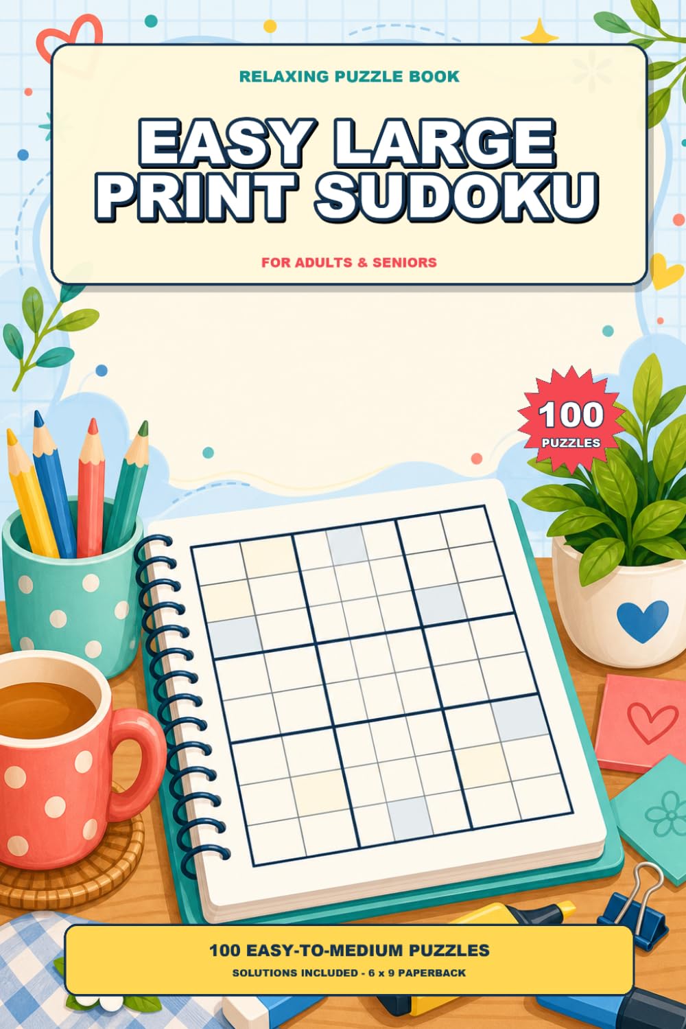 Easy Large Print Sudoku for Seniors: 100 Relaxing Puzzles with Big Clear Grids