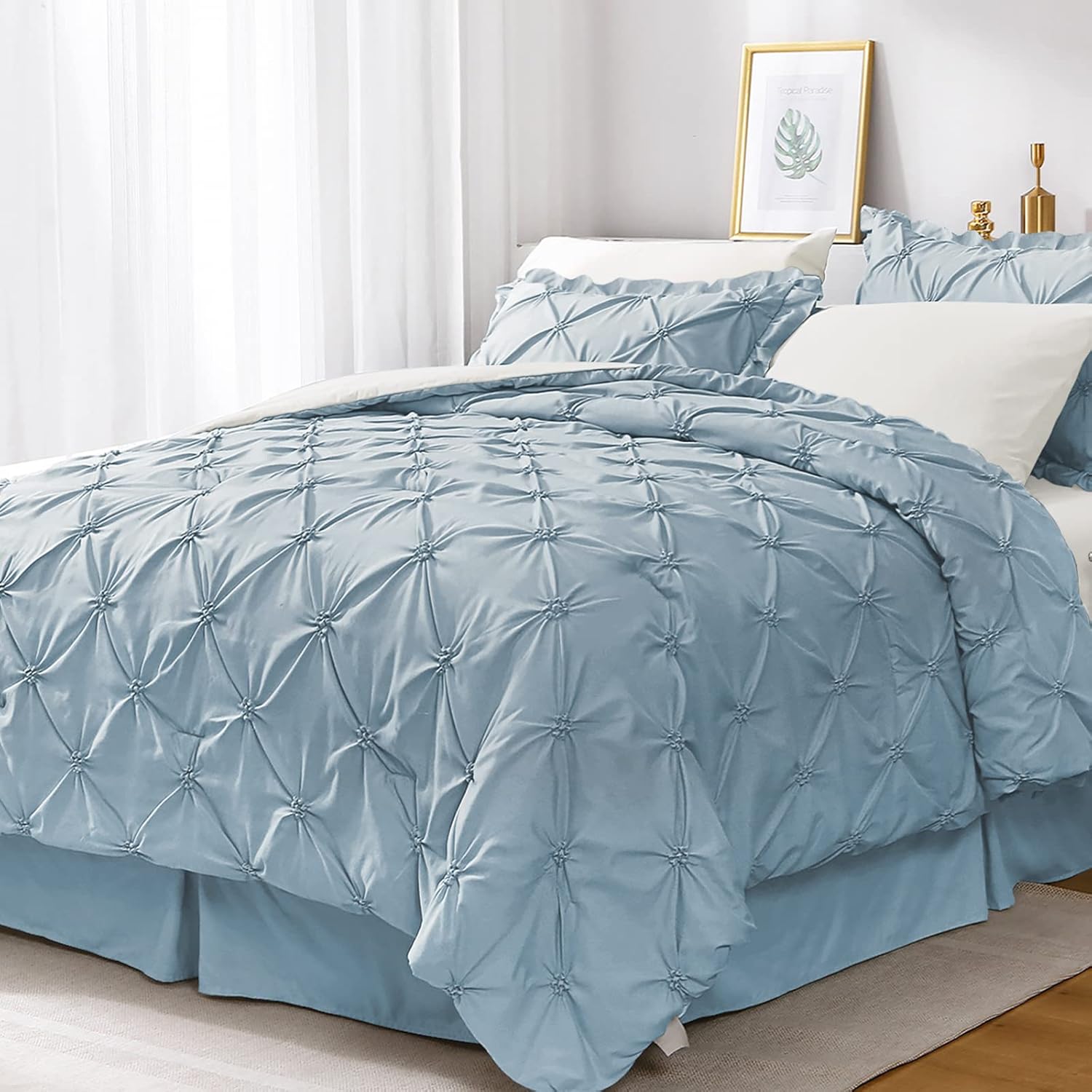 JOLLYVOGUE Queen Comforter Set 7 Pieces, Light Blue/Ivory Bed in a Bag Comforter Set for Bedroom, Bedding Comforter Sets with Comforter, Sheets,Ruffled Shams & Pillowcases